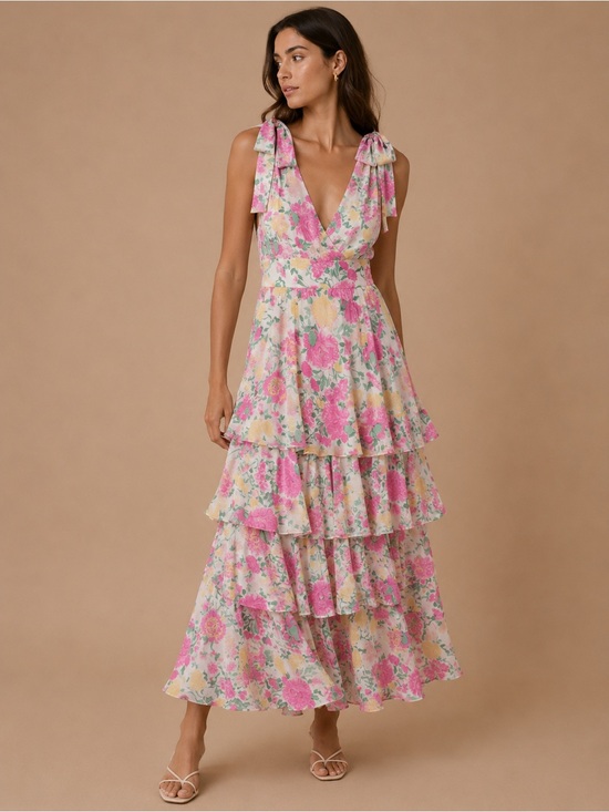 Wayf Dresses & Skirts - WAYF Floral Tiered Maxi Dress with Tie-Strap Shoulders - Pink Floral Size Medium